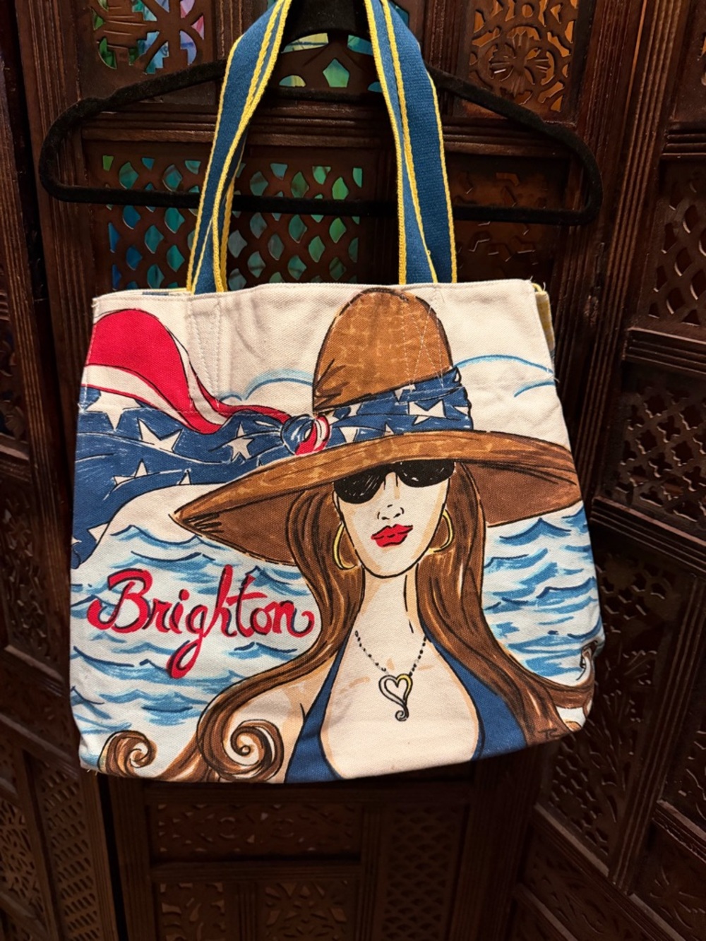 Brighton Canvas Tote with Patriotic Beach Illustration - Blue, Red, Tan, White - Picture 2 of 6